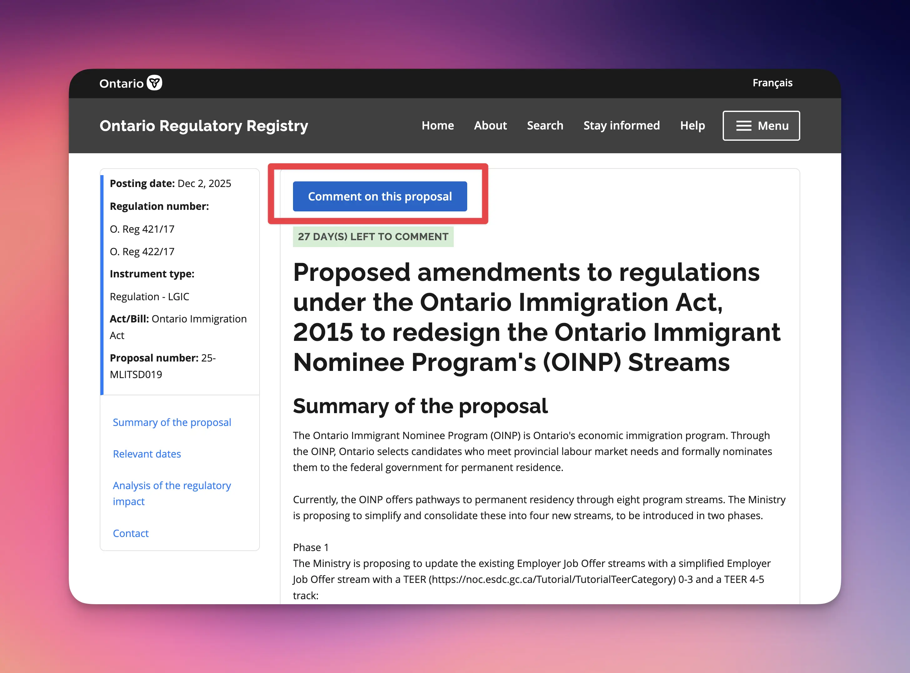 Regulatory Registry submission page showing the proposal comment form
